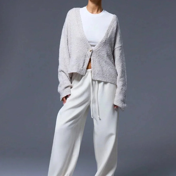 Light Grey Casual Women's One Button Long Sleeve Knit Cardigan - Picture 4 of 5